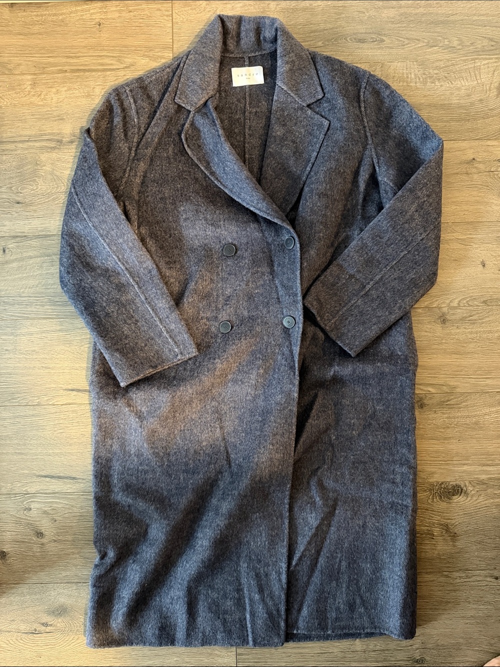 Sandro Double-Breasted Wool Blend Long Coat in Navy Gray
